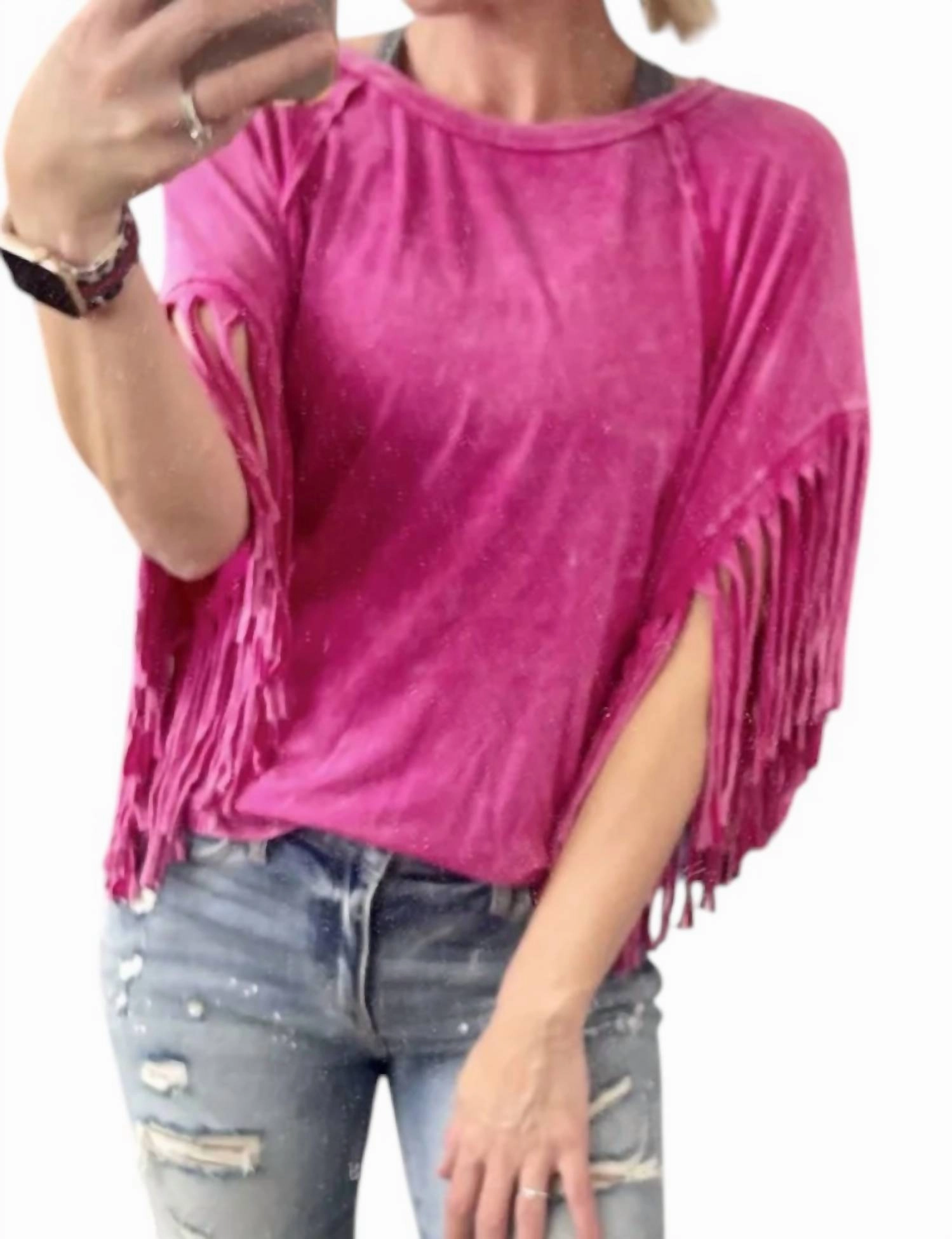 Mineral Wash Fringe Top In Washed Pink
