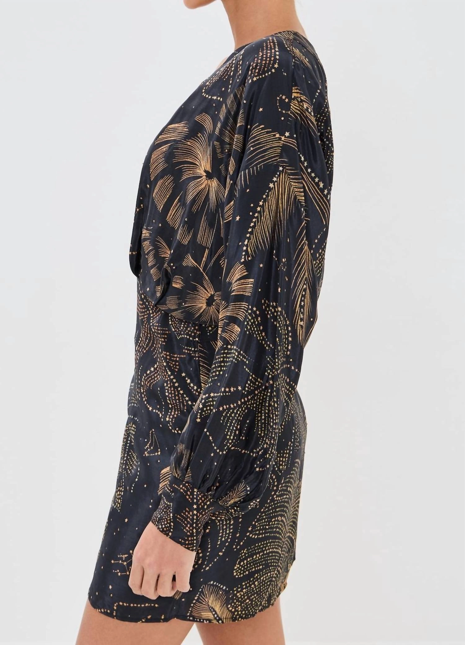 Mini Puffy Sleeve Dress In Golden Foliage Black
