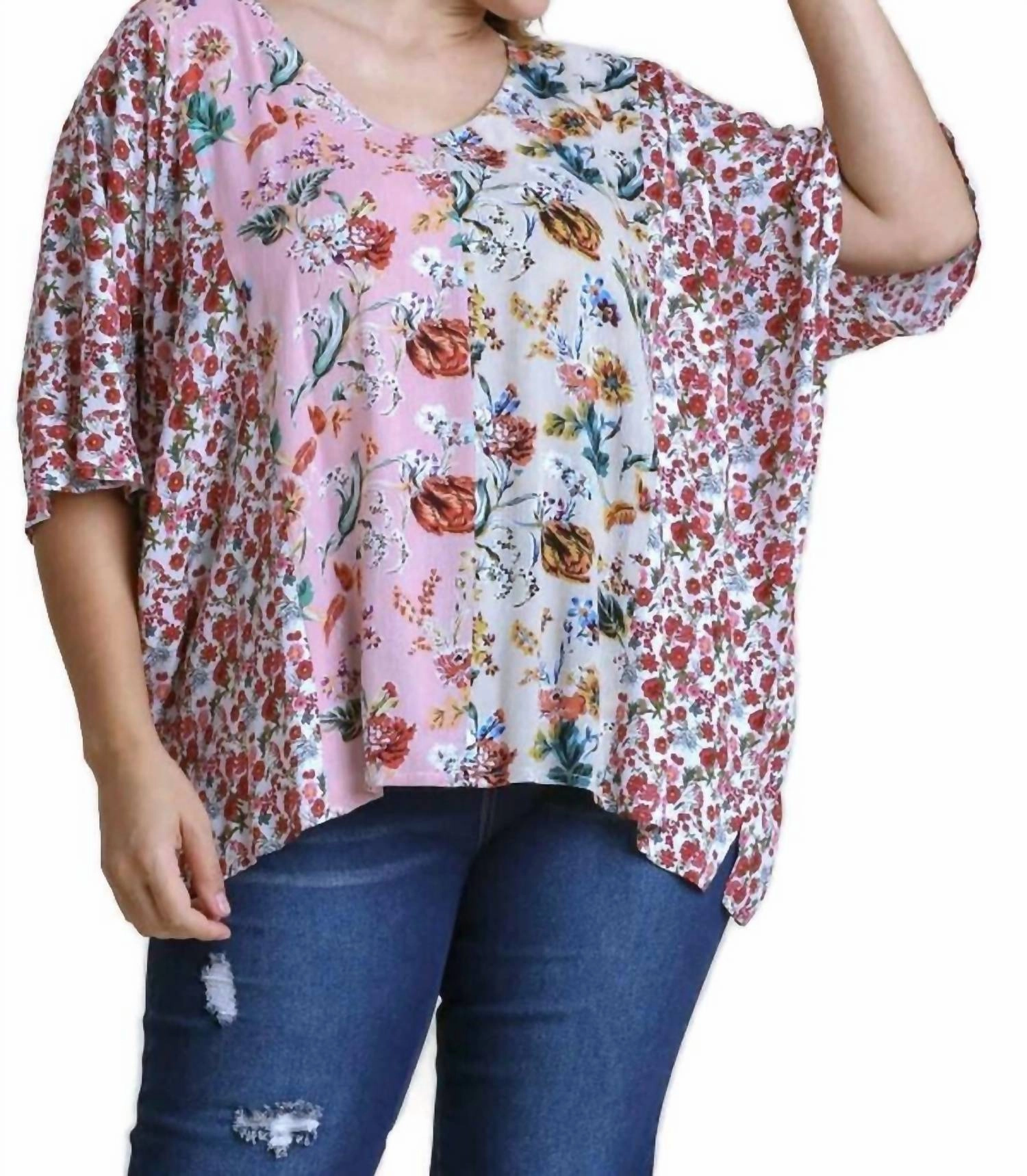 Mixed Floral Print Top -Plus In Blush