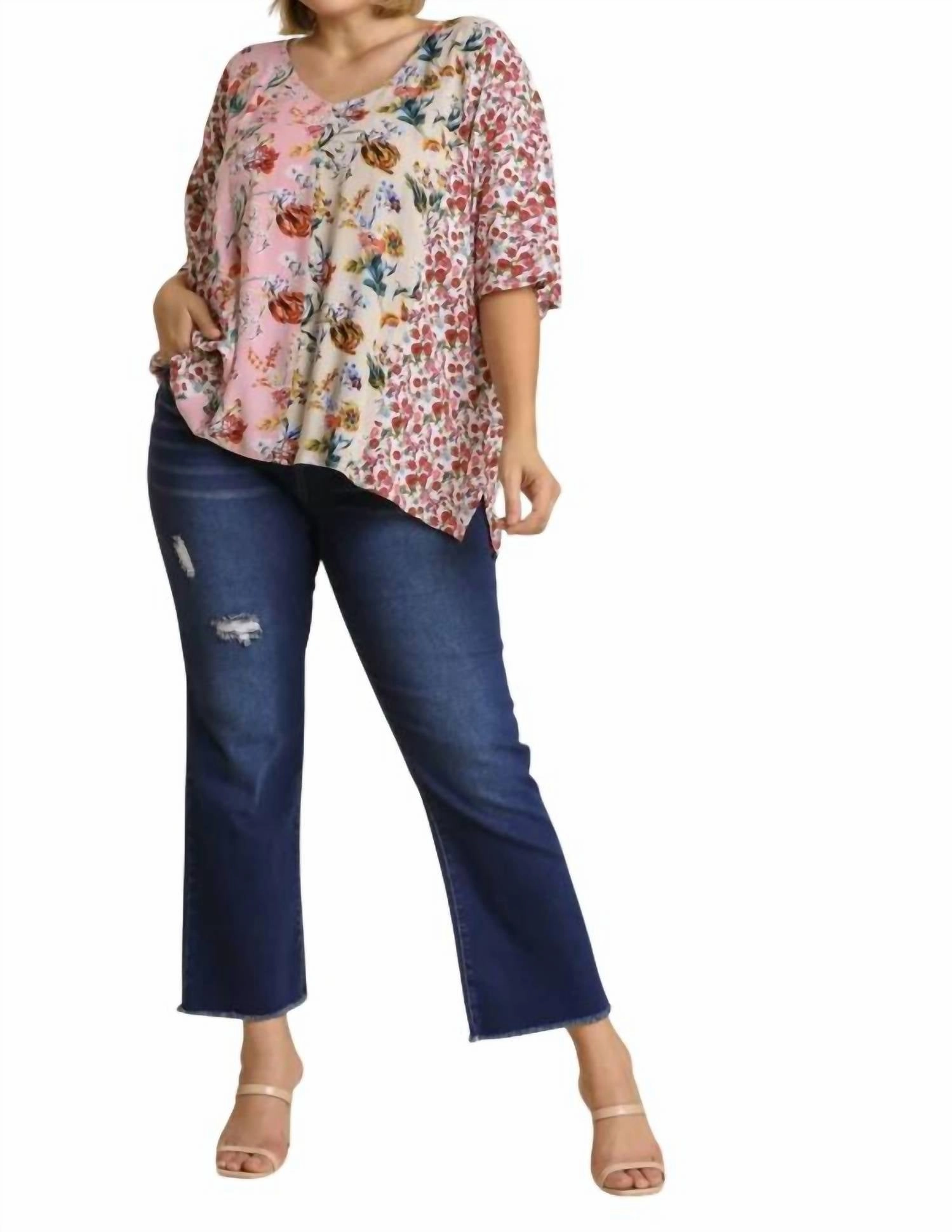 Mixed Floral Print Top -Plus In Blush