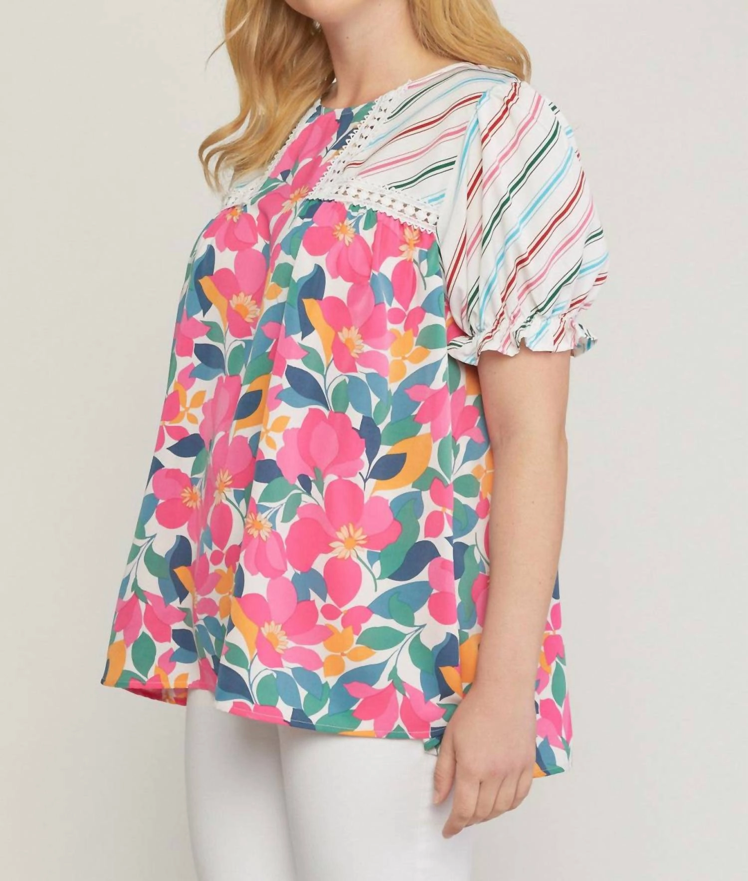 Mixed Print & Lace Blouse In Ivory