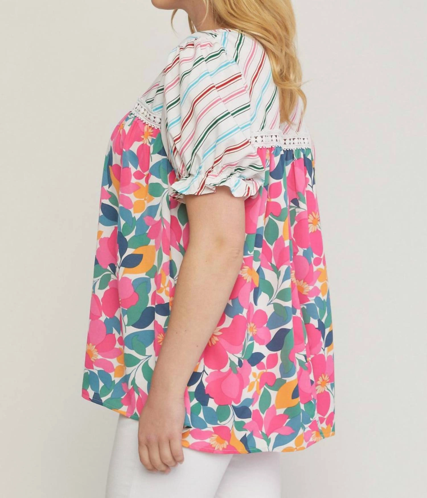 Mixed Print & Lace Blouse In Ivory