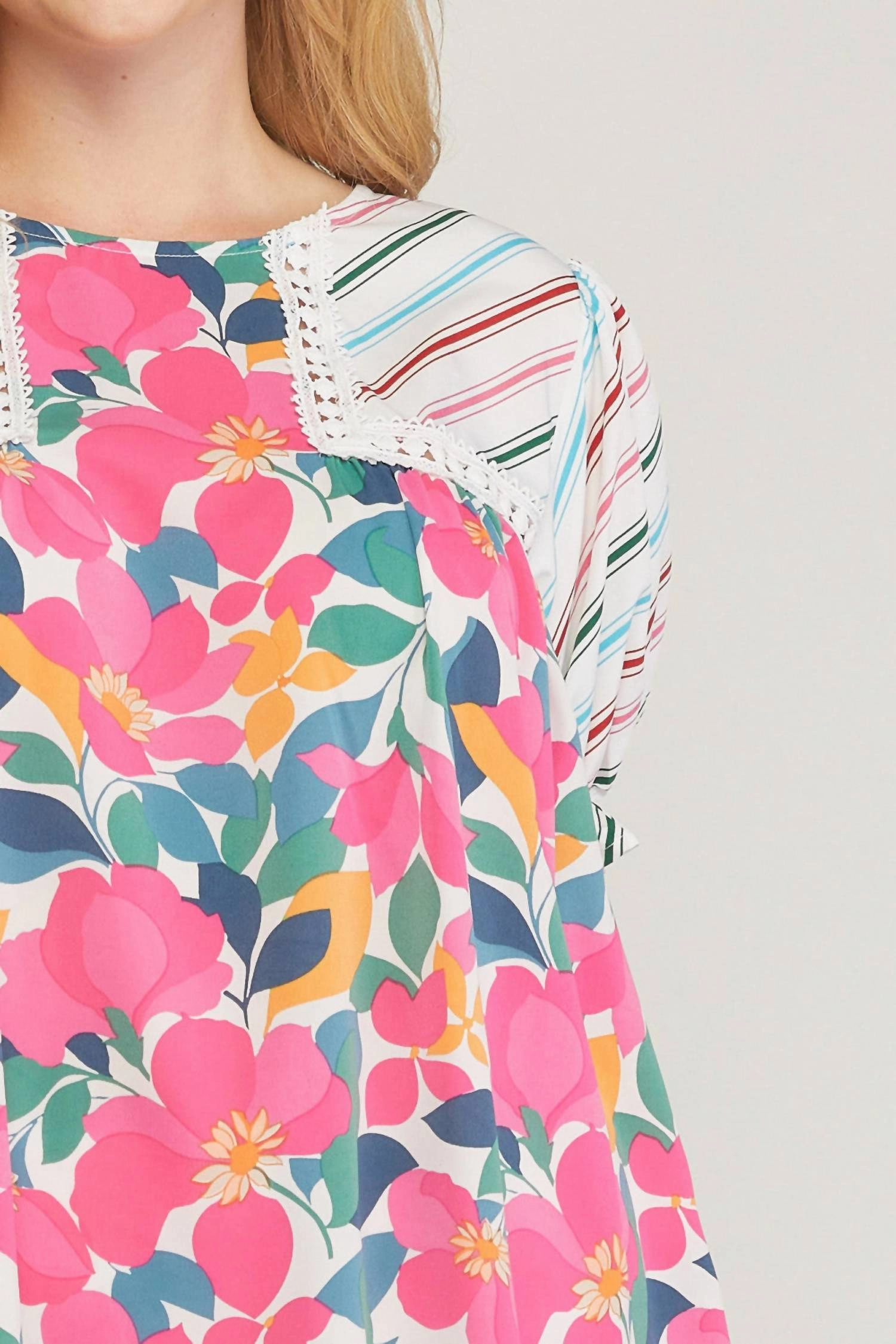 Mixed Print & Lace Blouse In Ivory
