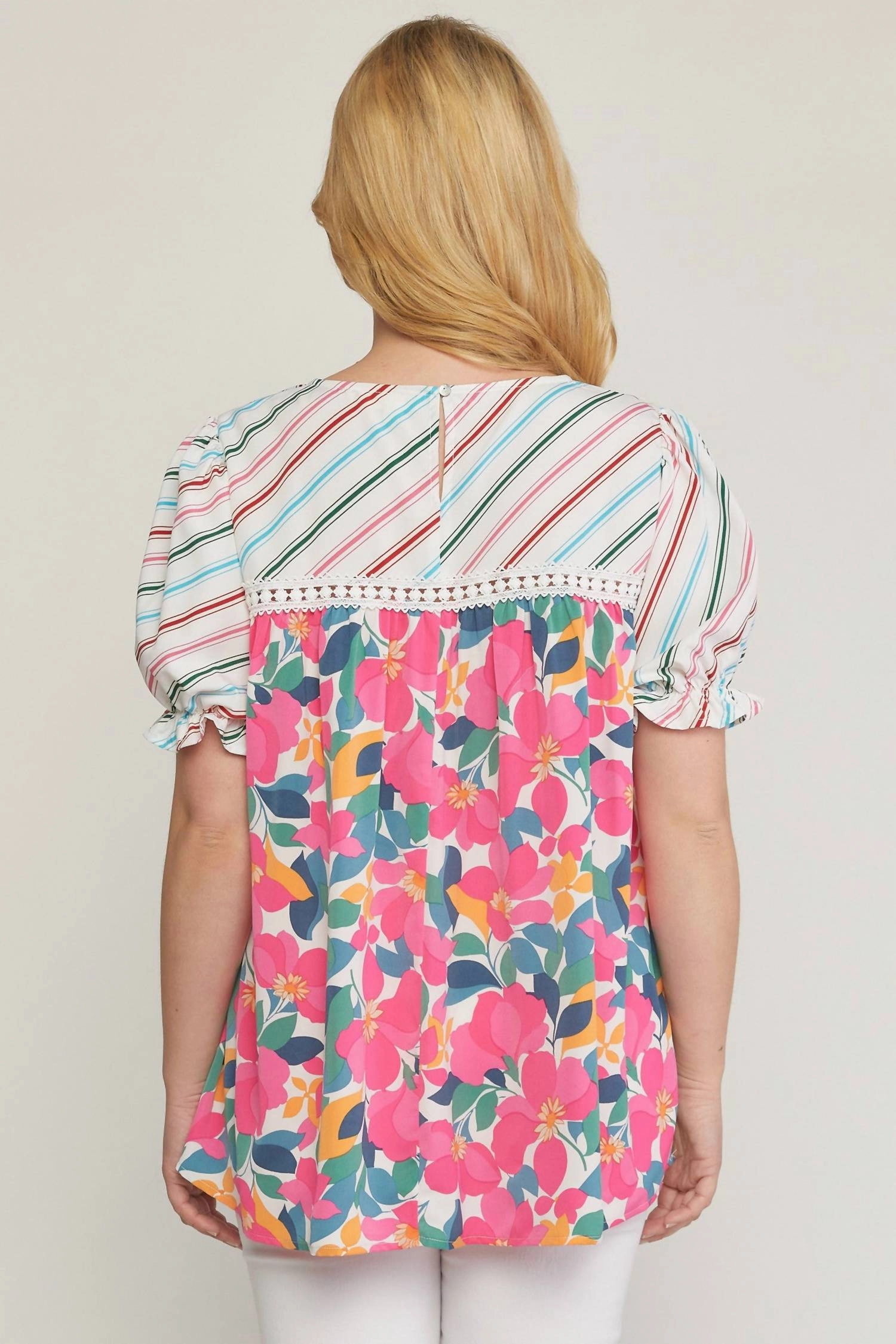 Mixed Print & Lace Blouse In Ivory