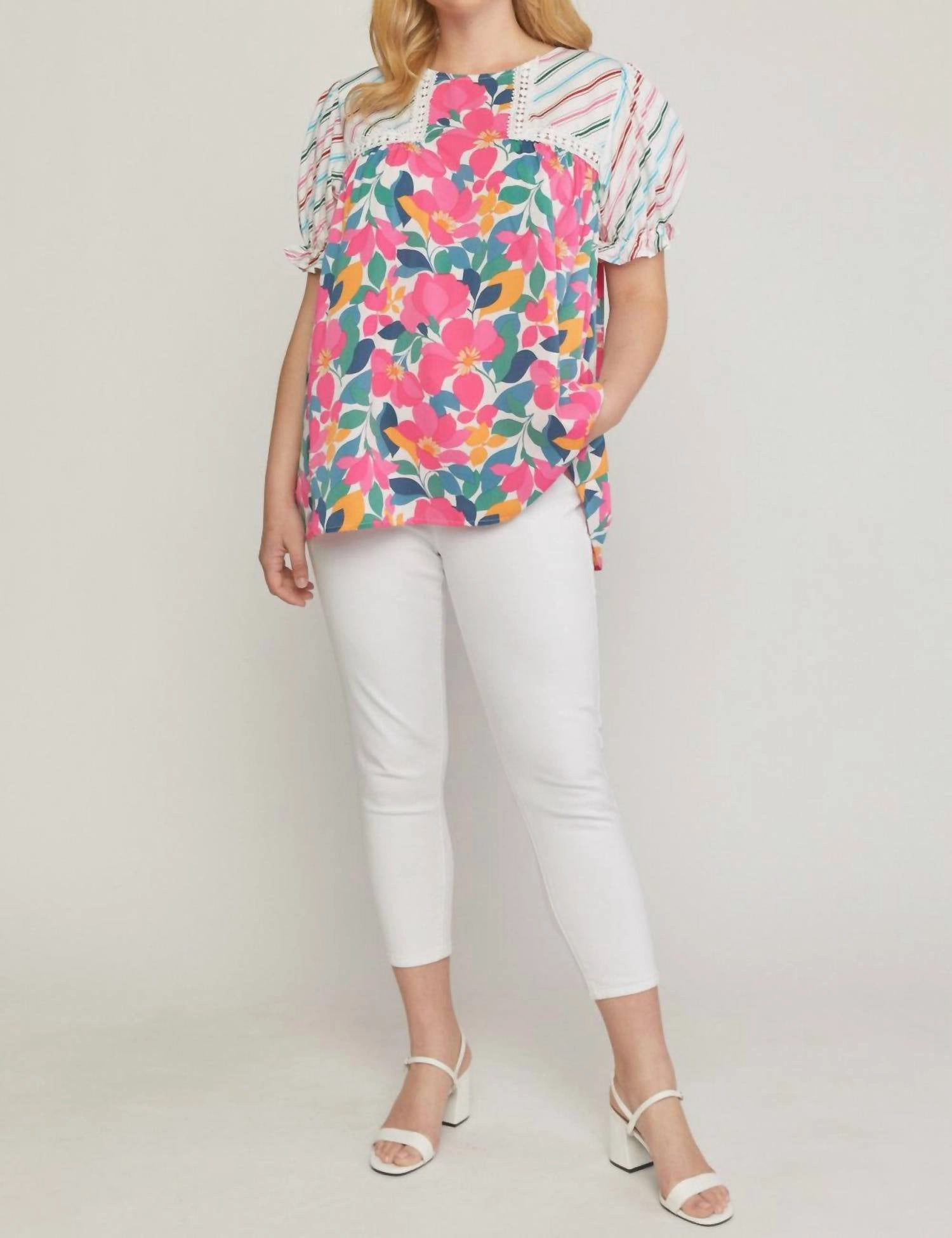 Mixed Print & Lace Blouse In Ivory