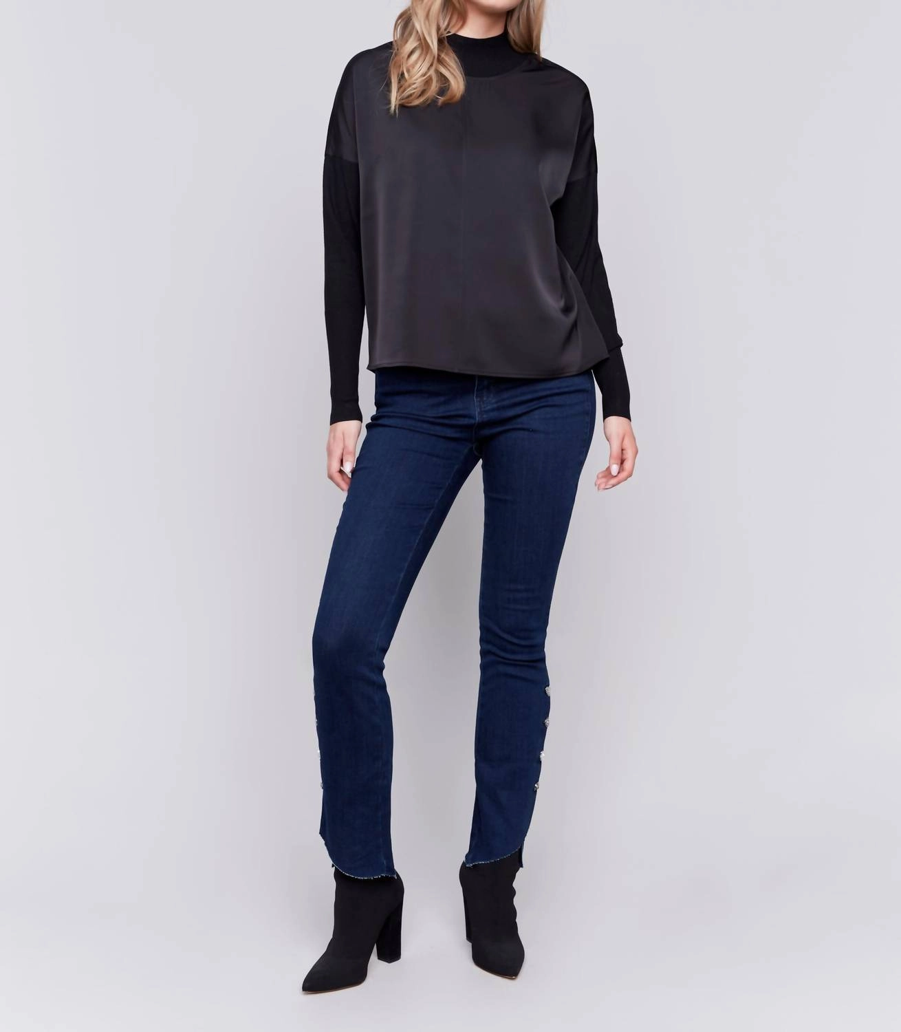 Mock Neck Front Seam Top In Black