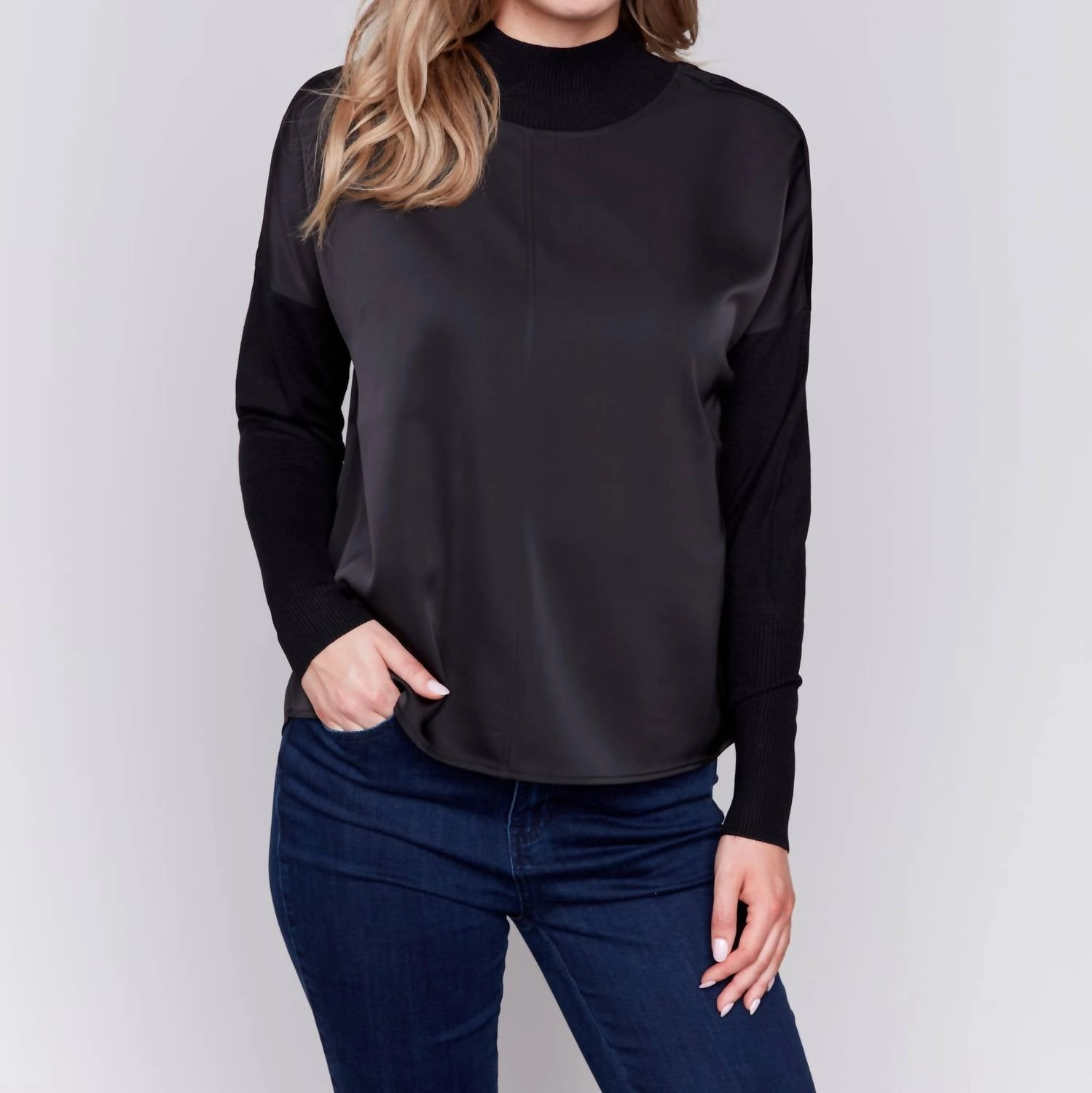 Mock Neck Front Seam Top In Black