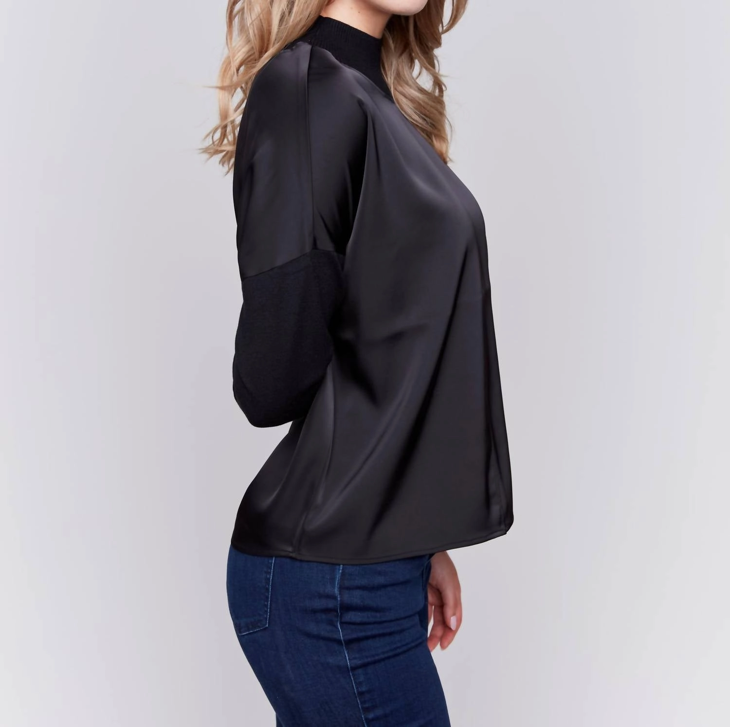Mock Neck Front Seam Top In Black