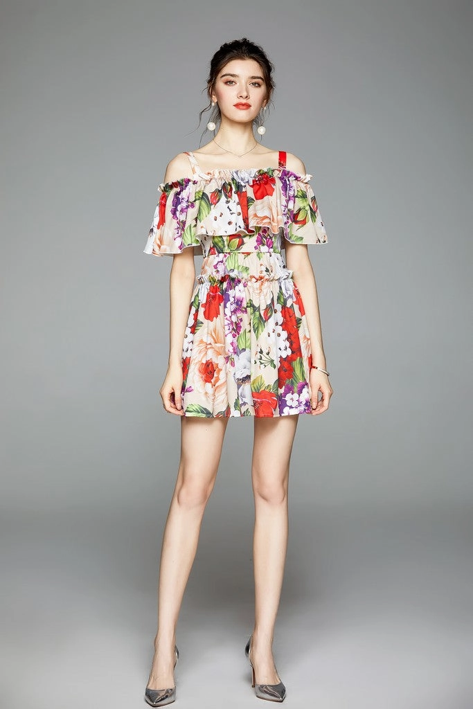 Multicolor Day A-line Off The Shoulder Strap Micro Floral Printed Dress