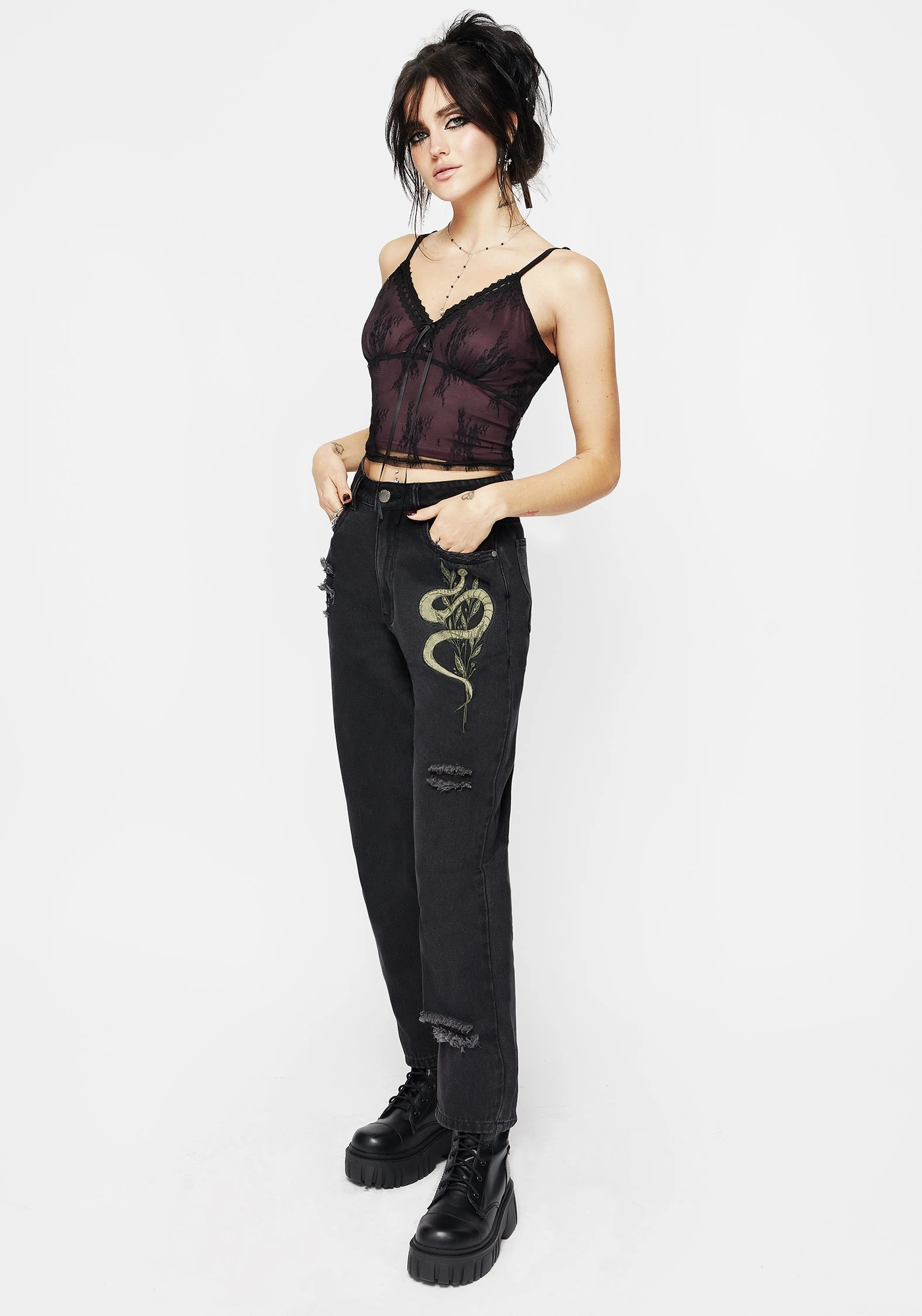 Nirah Embroidered Distressed Mom Jeans