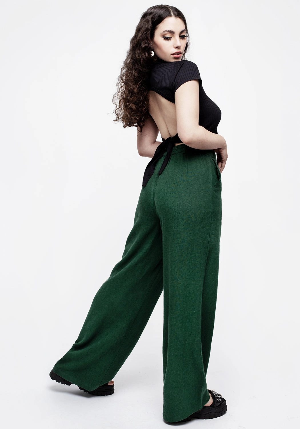 Oberon Green Wide Leg Linen Blend Trousers