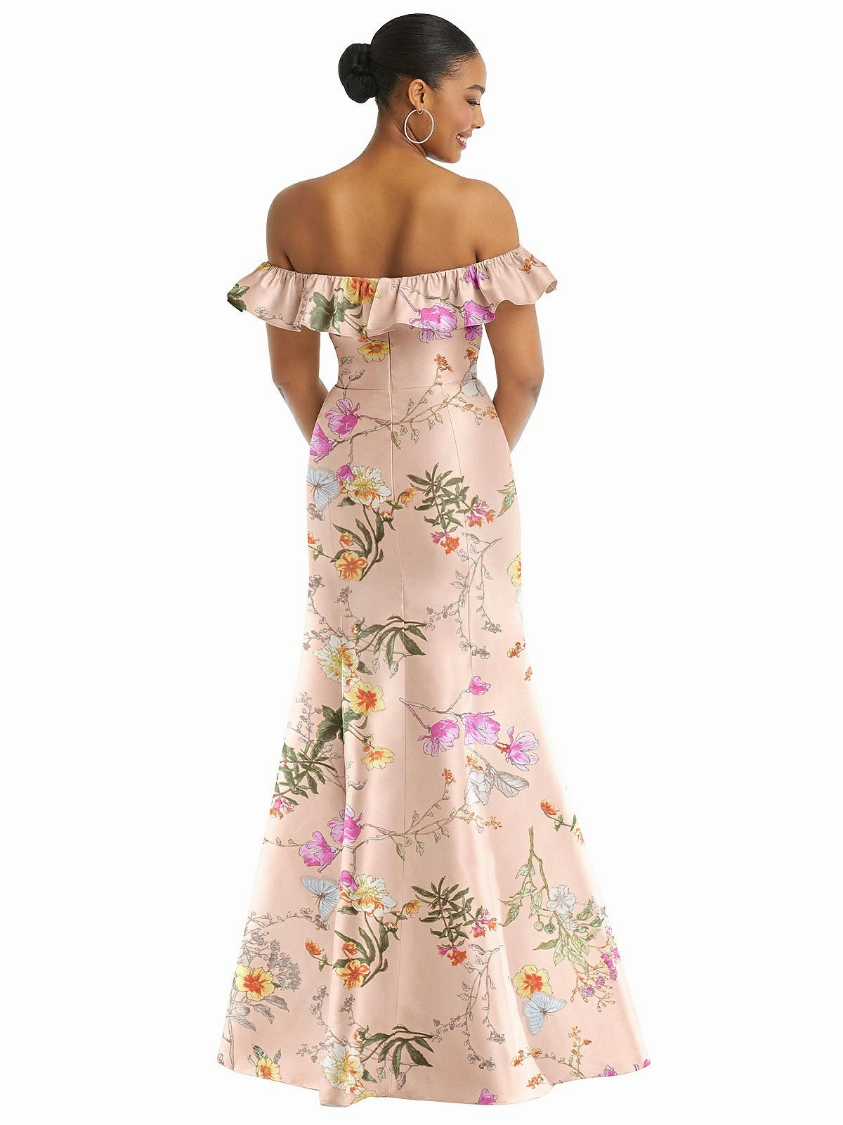Off-the-Shoulder Ruffle Neck Floral Satin Trumpet Gown