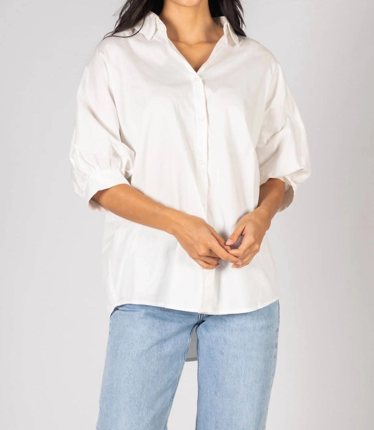 Oversized Button Up Puff Sleeve Top In White