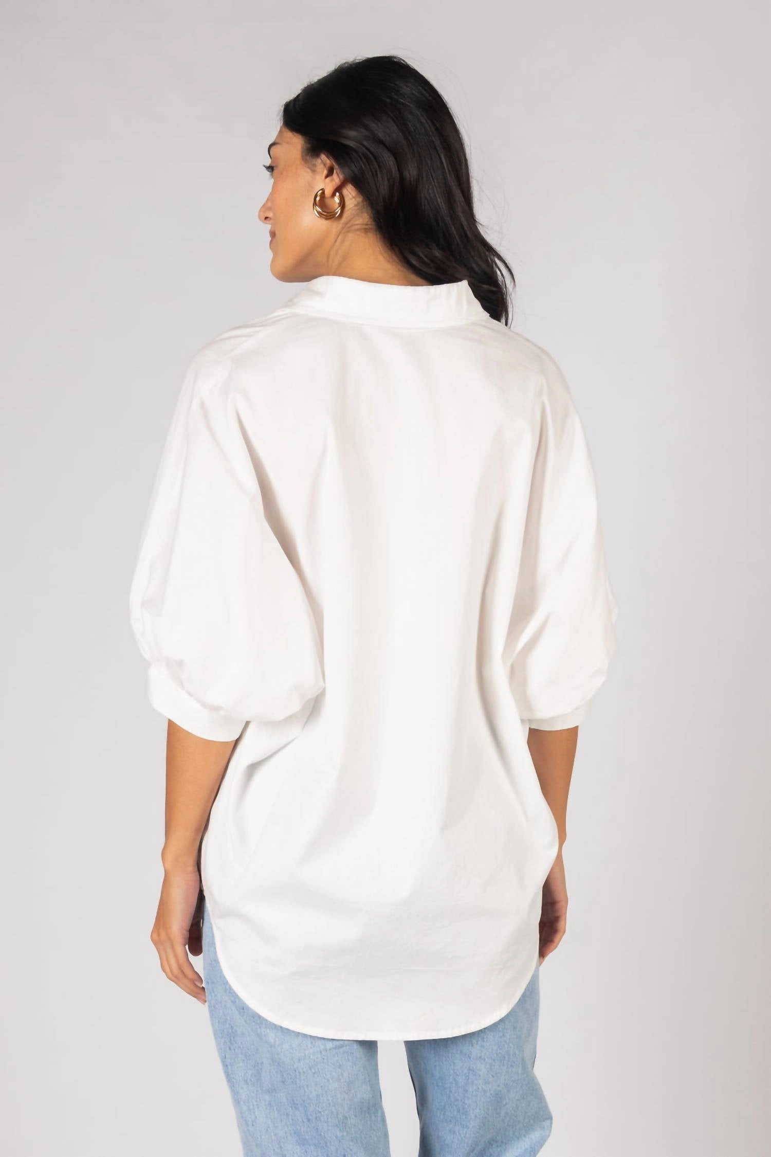 Oversized Button Up Puff Sleeve Top In White