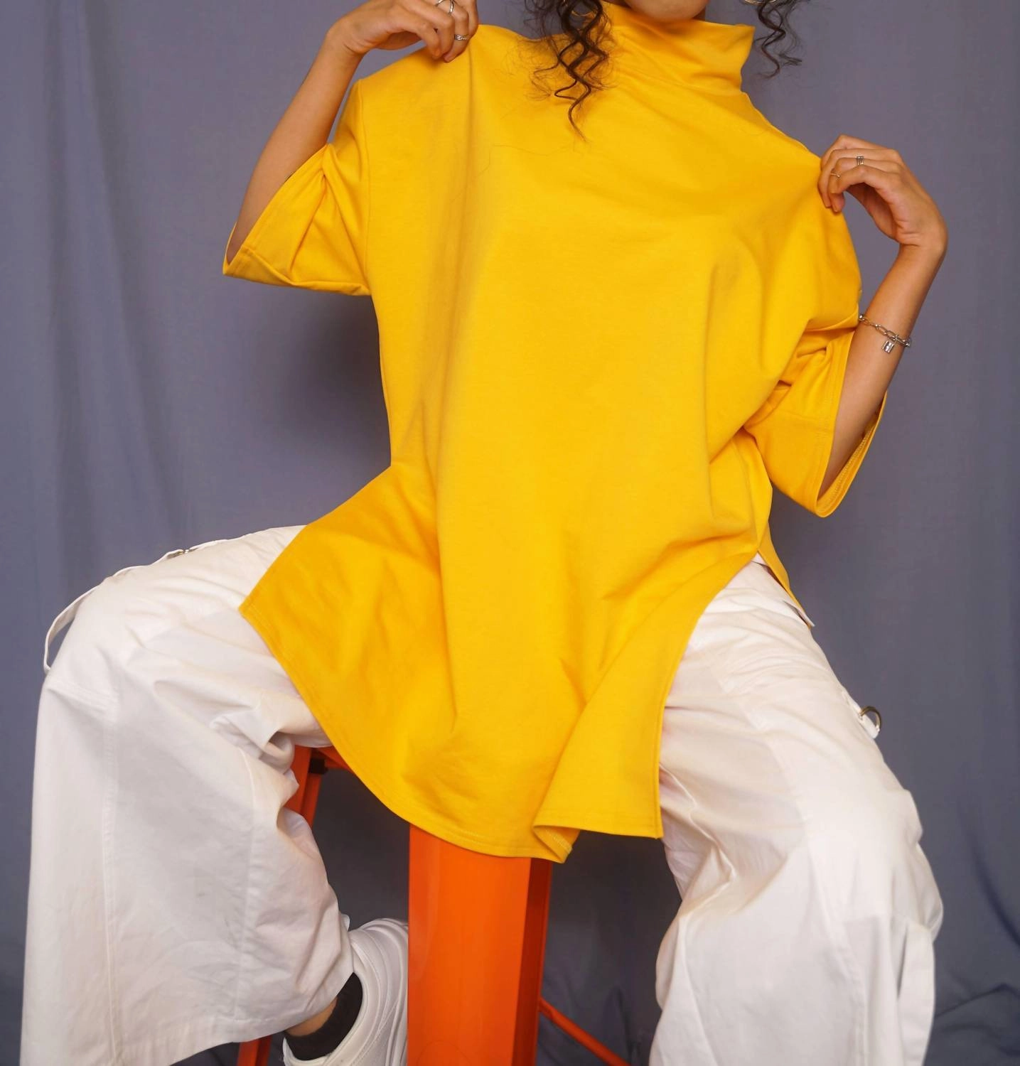 Oversized Mock Neck Tee In Yellow