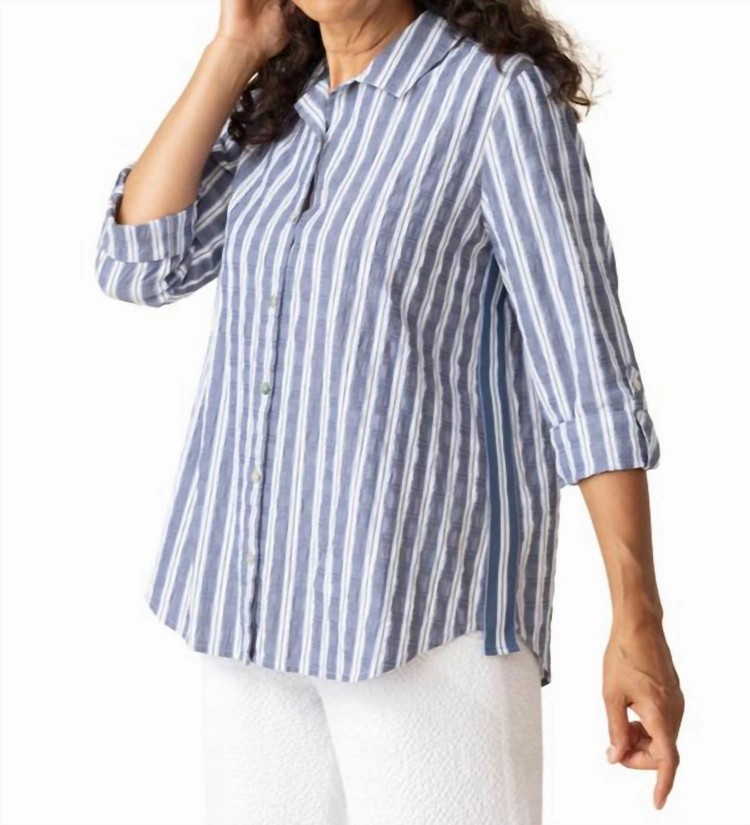 Palm Ribbon Trim Tunic Top In Indigo
