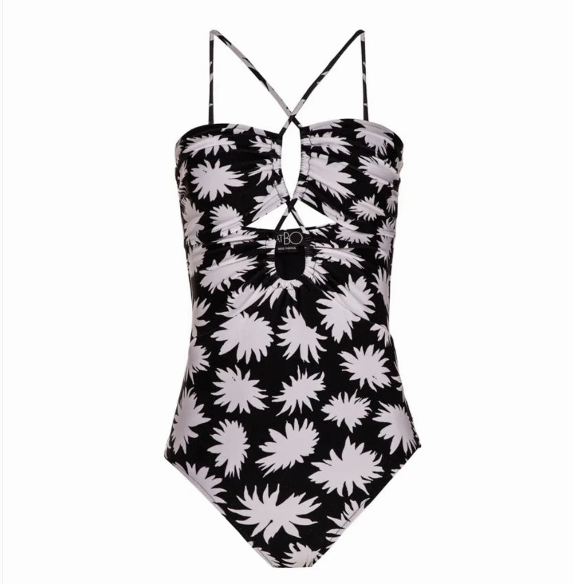 Patbo Women Black White Floral Dahlia Lace Up One-Piece Swimsuit Swim Womens - tie-side bikinis