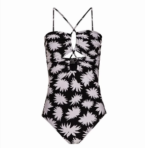 Patbo Women Black White Floral Dahlia Lace Up One-Piece Swimsuit Swim Womens - tie-side bikinis