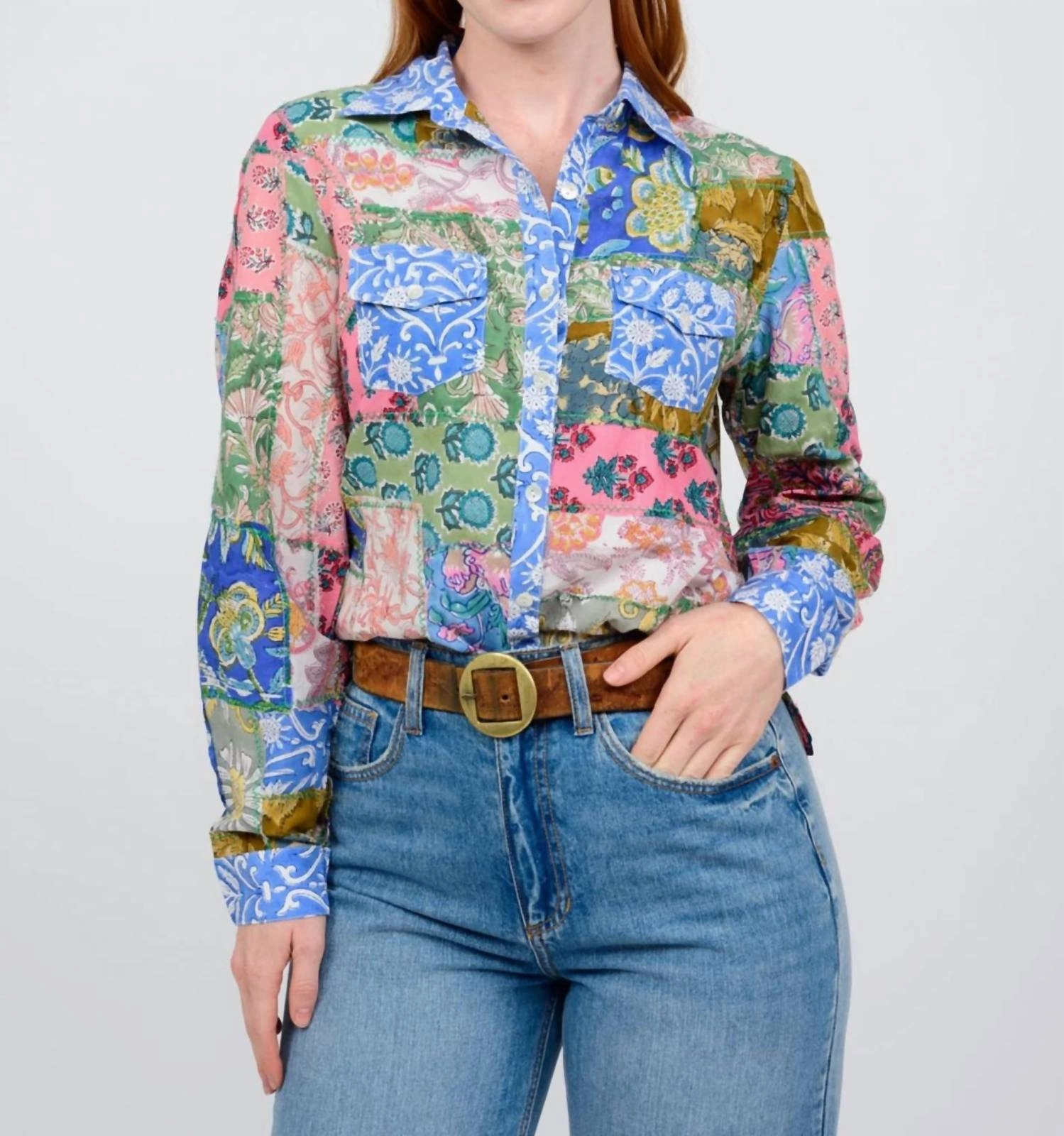 Patchwork Camp Shirt In Blue, Green, Tan