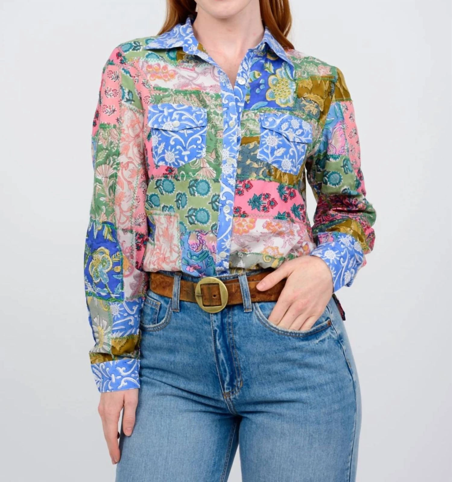 Patchwork Camp Shirt In Blue, Green, Tan