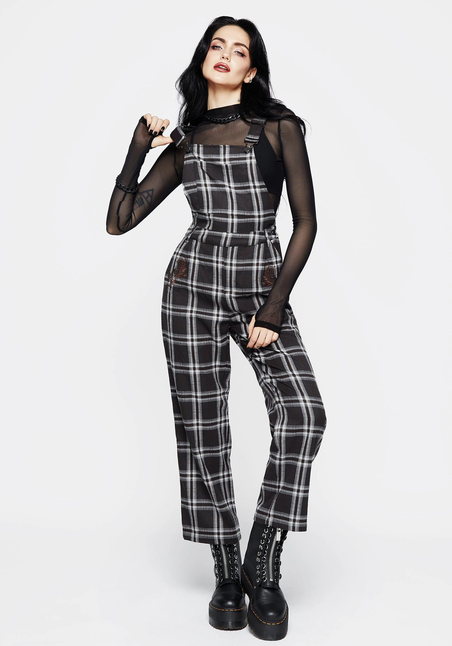 Persimmon Embroidered Check Dungarees Bottoms Womens - women's jeans sale