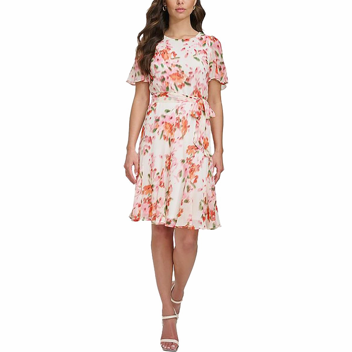 Petites Womens Chiffon Floral Cocktail And Party Dress