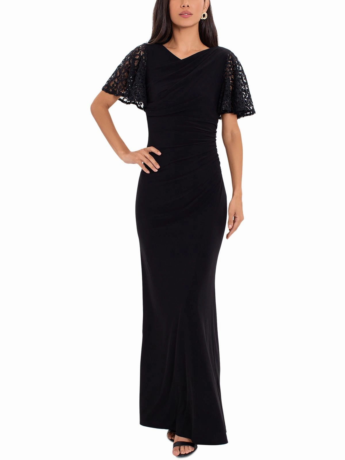 Petites Womens Lace Trim Maxi Evening Dress