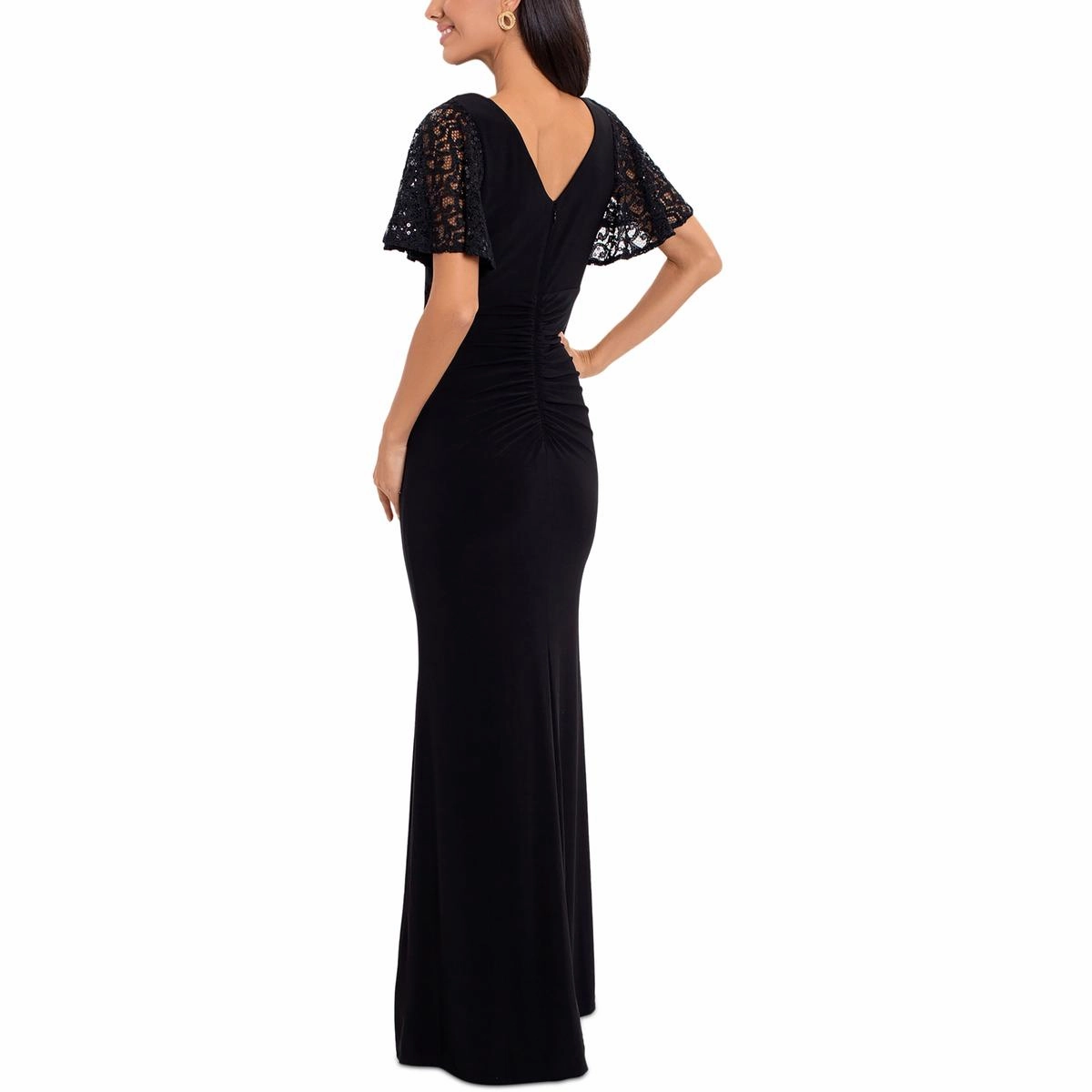 Petites Womens Lace Trim Maxi Evening Dress