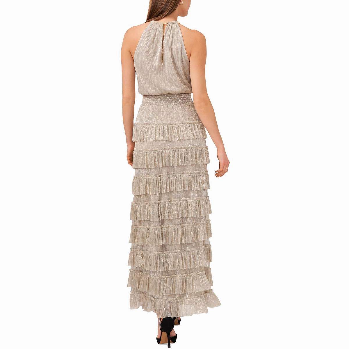 Petites Womens Metallic Halter Evening Dress