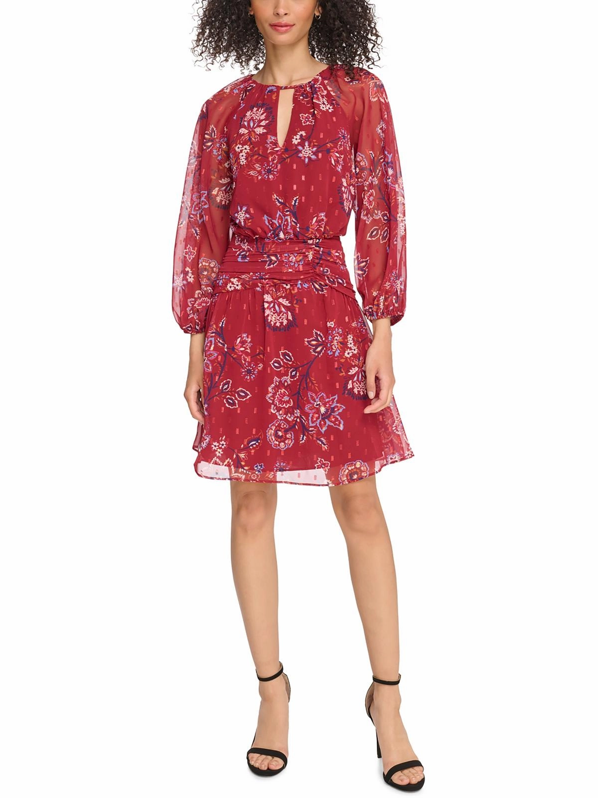 Petites Womens Mini Keyhole Neckline Fit & Flare Dress