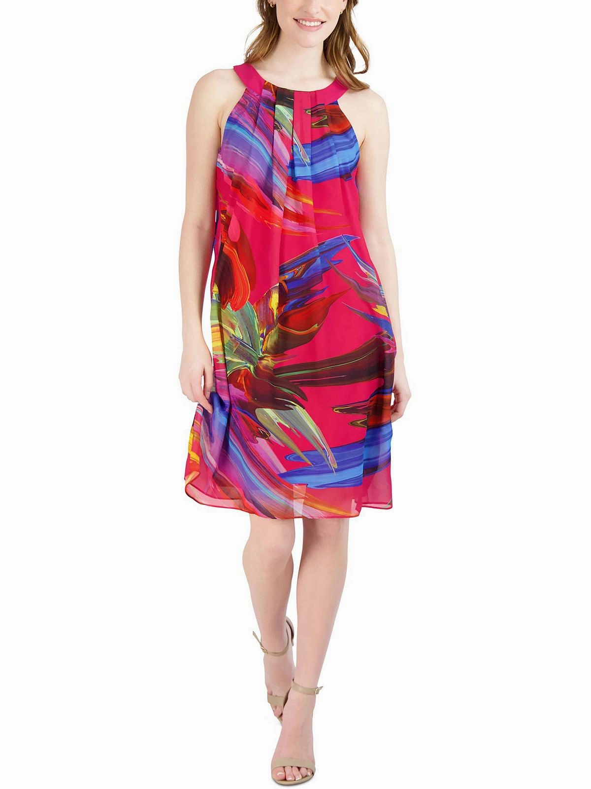 Petites Womens Printed Knee Halter Dress
