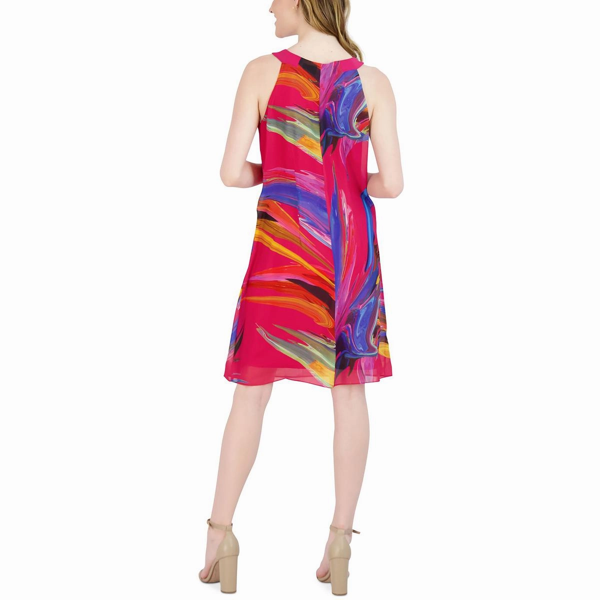 Petites Womens Printed Knee Halter Dress