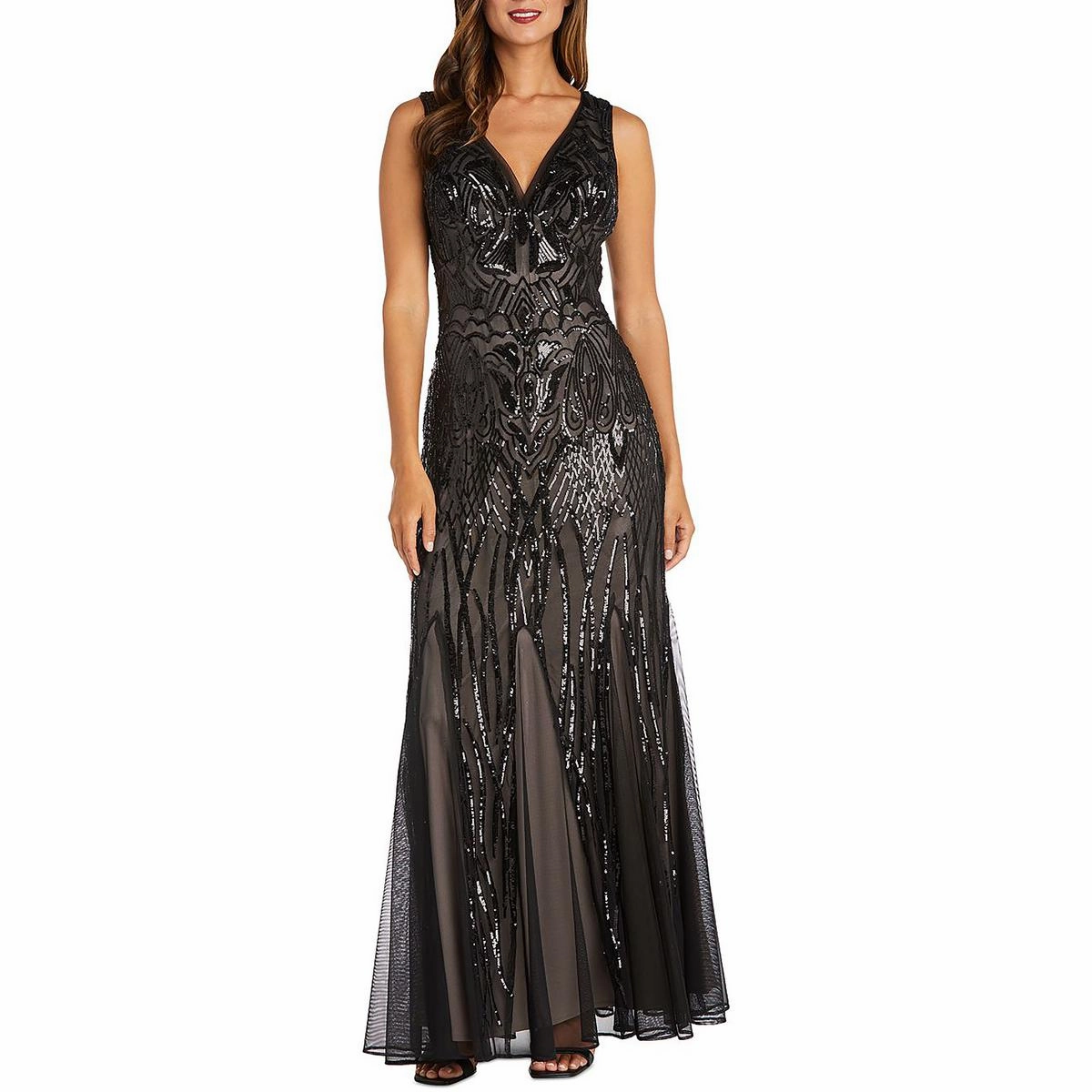 Petites Womens Sequined Polyester Evening Dress