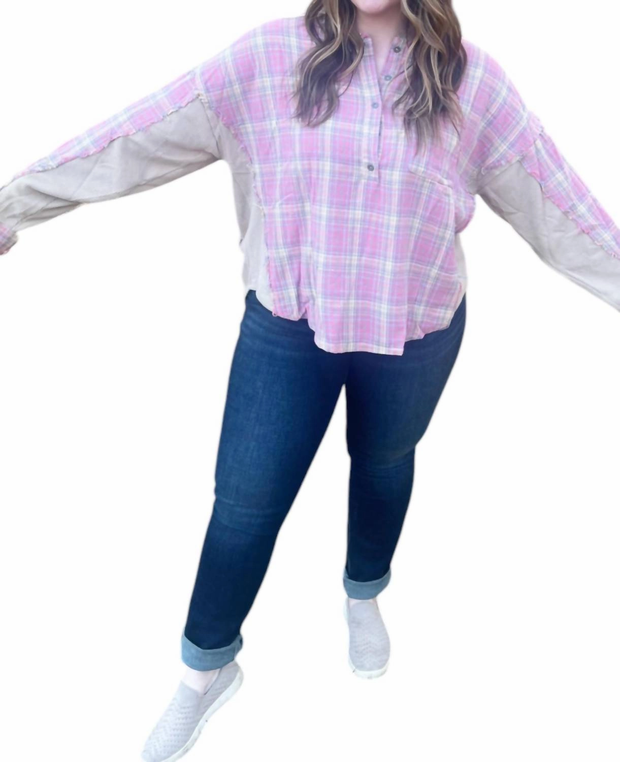 Plaid Contrast Top In Pink