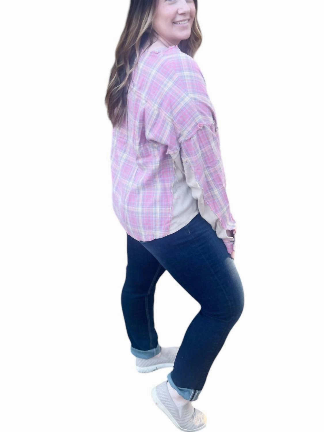 Plaid Contrast Top In Pink