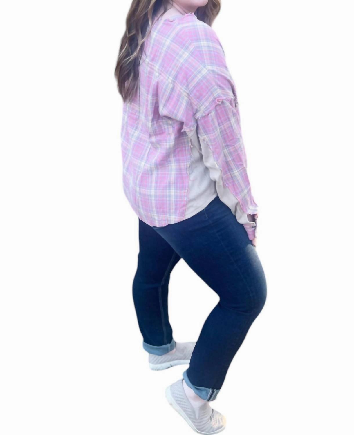 Plaid Contrast Top In Pink