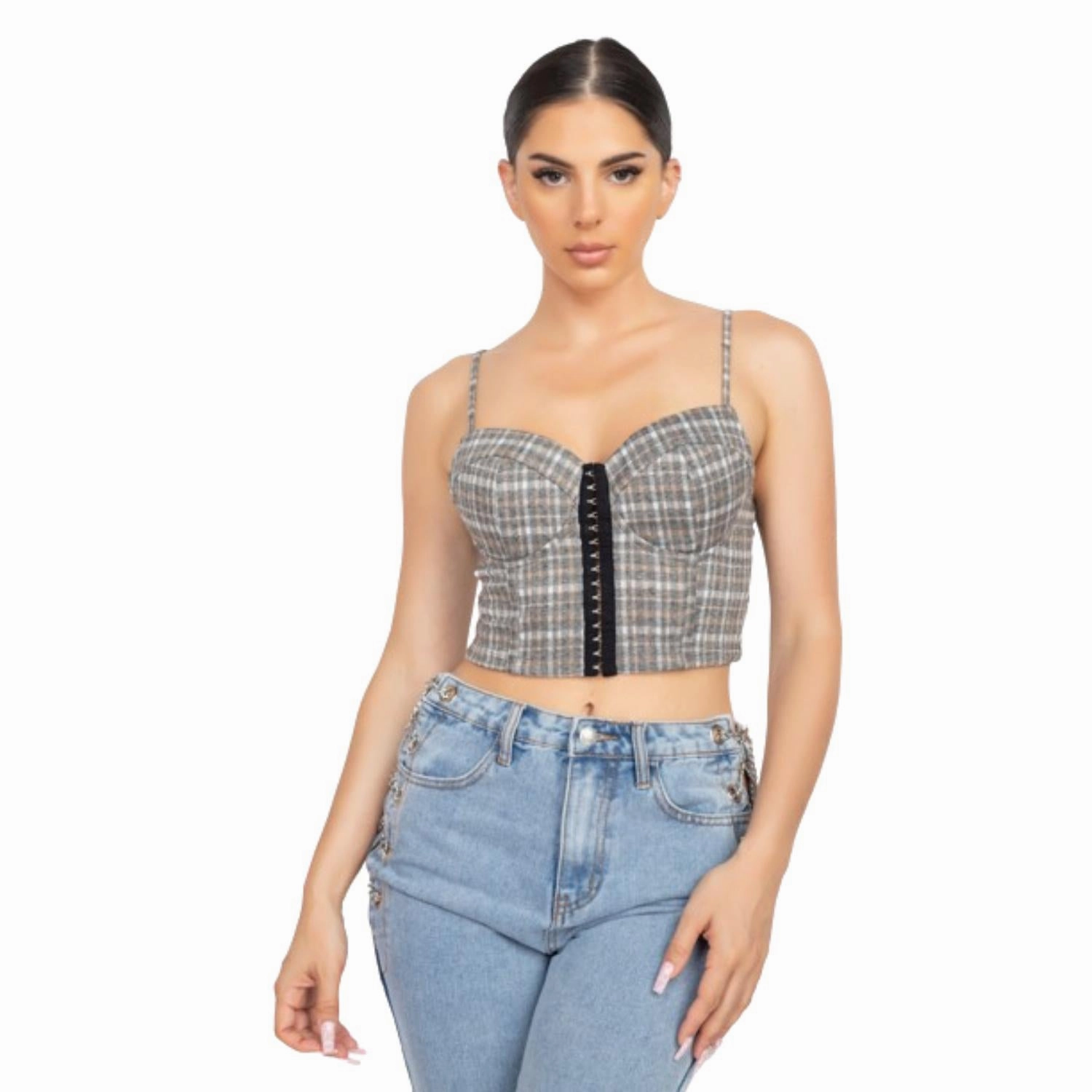 Plaid Hook & Eye Sweetheart Crop Top