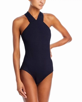 Plisse High Neck One Piece Swimsuit In Black Swim Womens - shirred swimwear