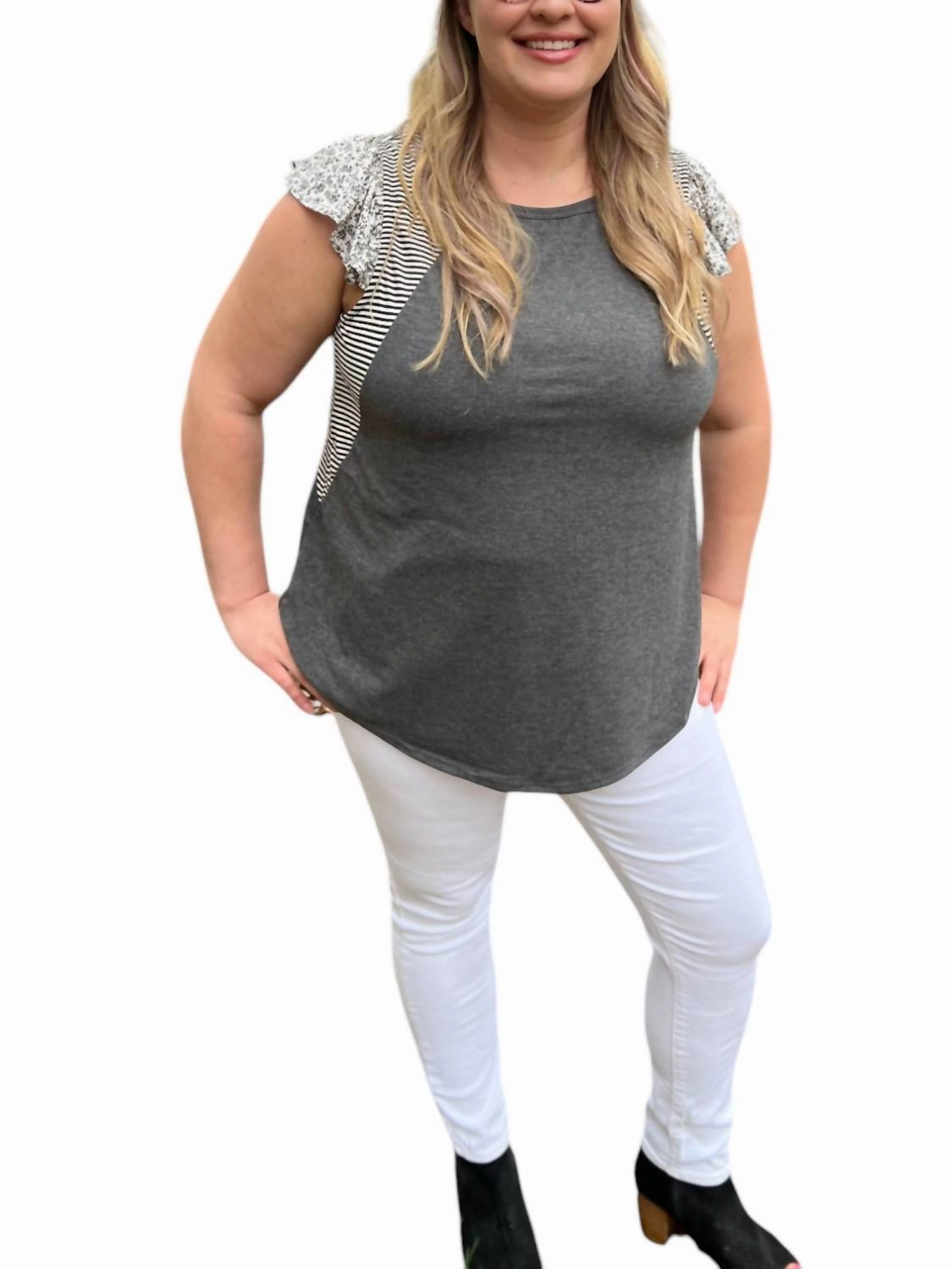 Plus Floral Flutter Sleeve Top In Charcoal Grey