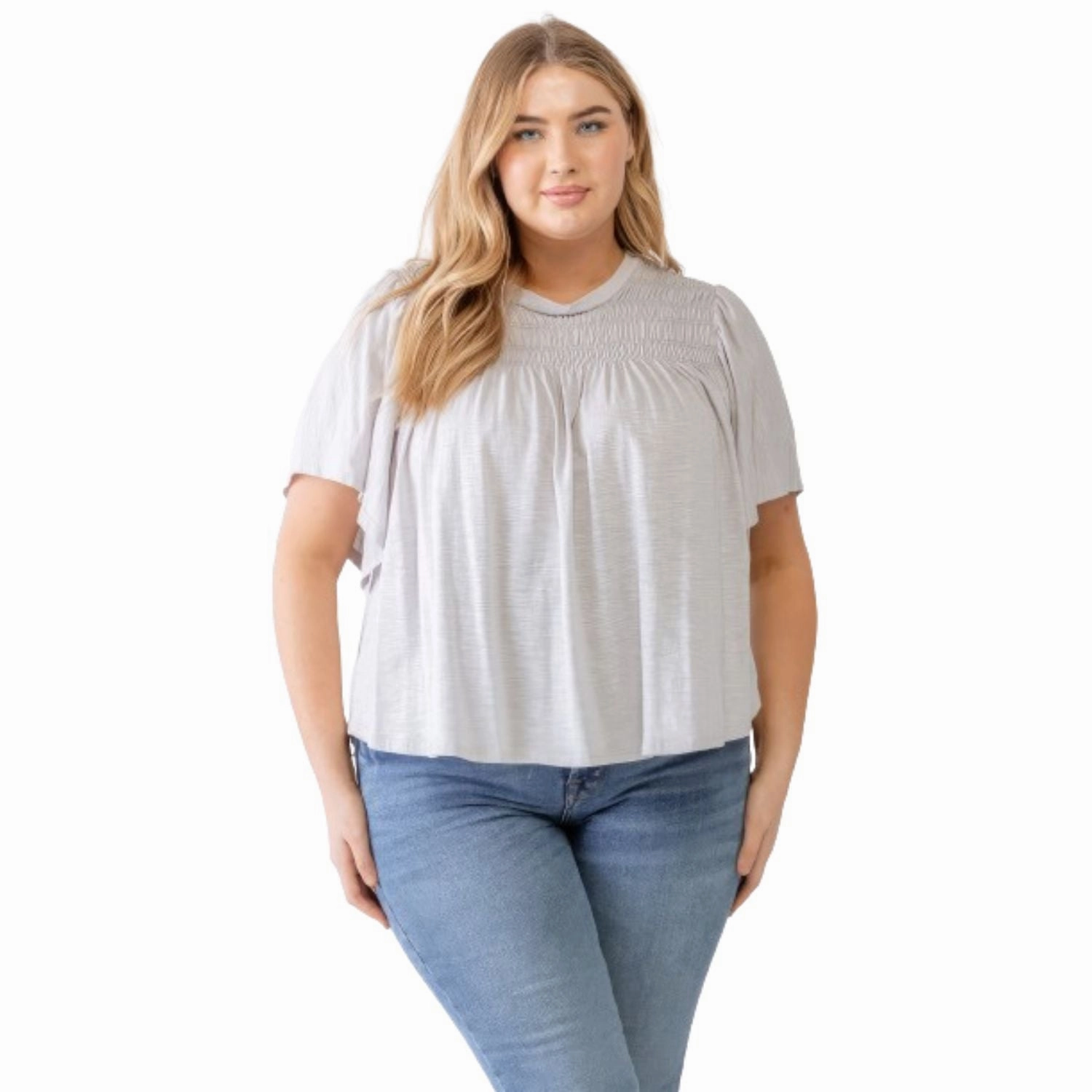Plus Grey Cotton Blend Smoked Short Sleeve Top