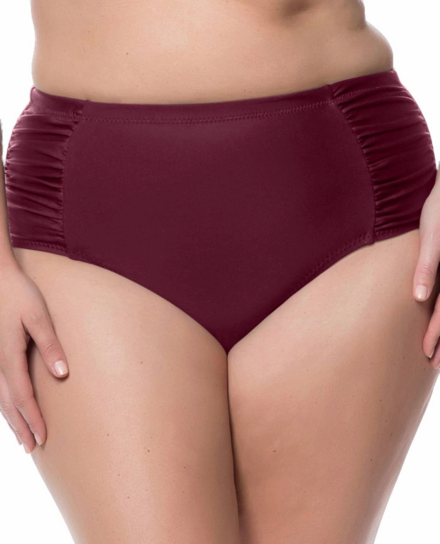 Plus Size Shirred High Waisted Bikini Bottom In Merlot Swim Womens - sling swimsuits