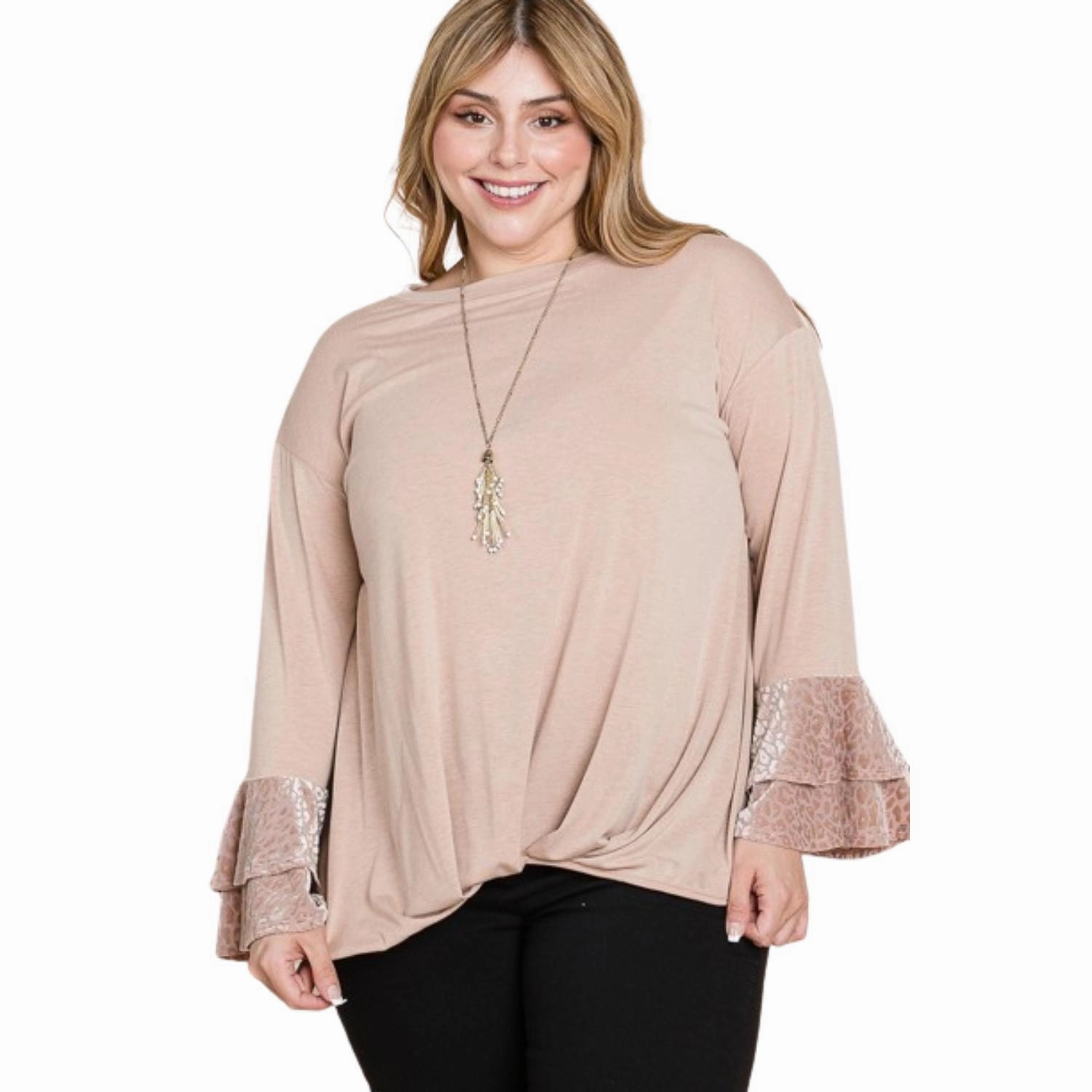Plus Size Two Tier Velvet Animal Mesh Sleeves Solid Knit Top