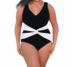 Plus Size V-Neck Twist Front One Piece Swimsuit In Black Swim Womens - retro swimwear outlet