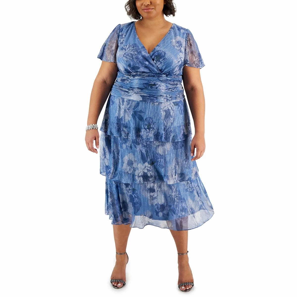 Plus Womens Chiffon Metallic Cocktail And Party Dress