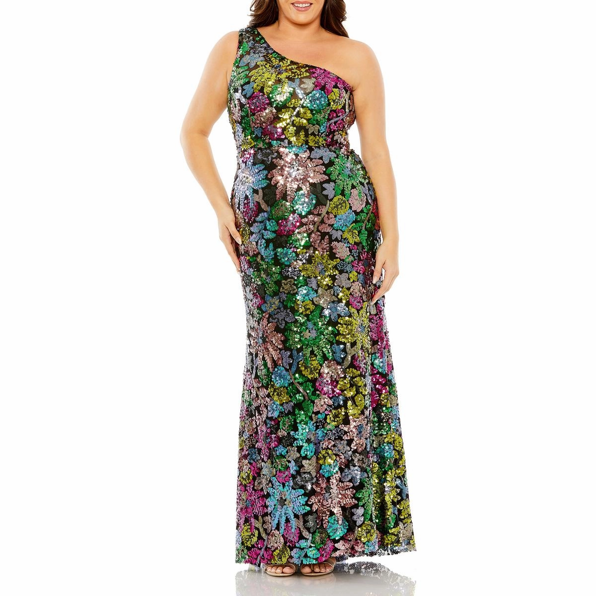 Plus Womens Floral Print Sequined Evening Dress