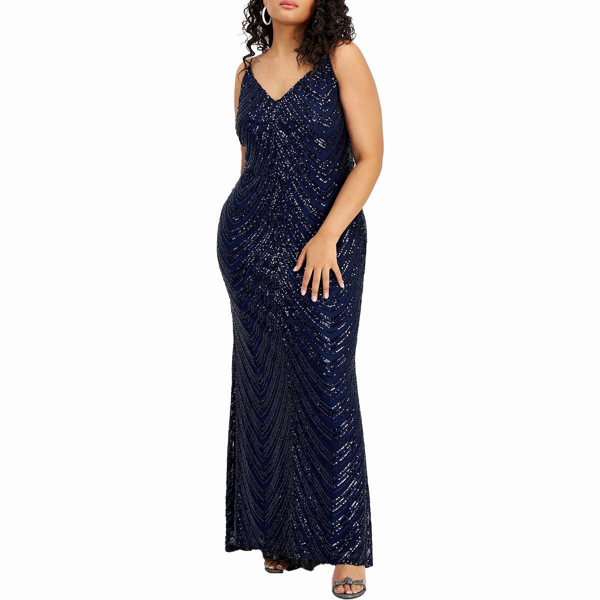 Plus Womens Sequined Bungee-Strap Evening Dress
