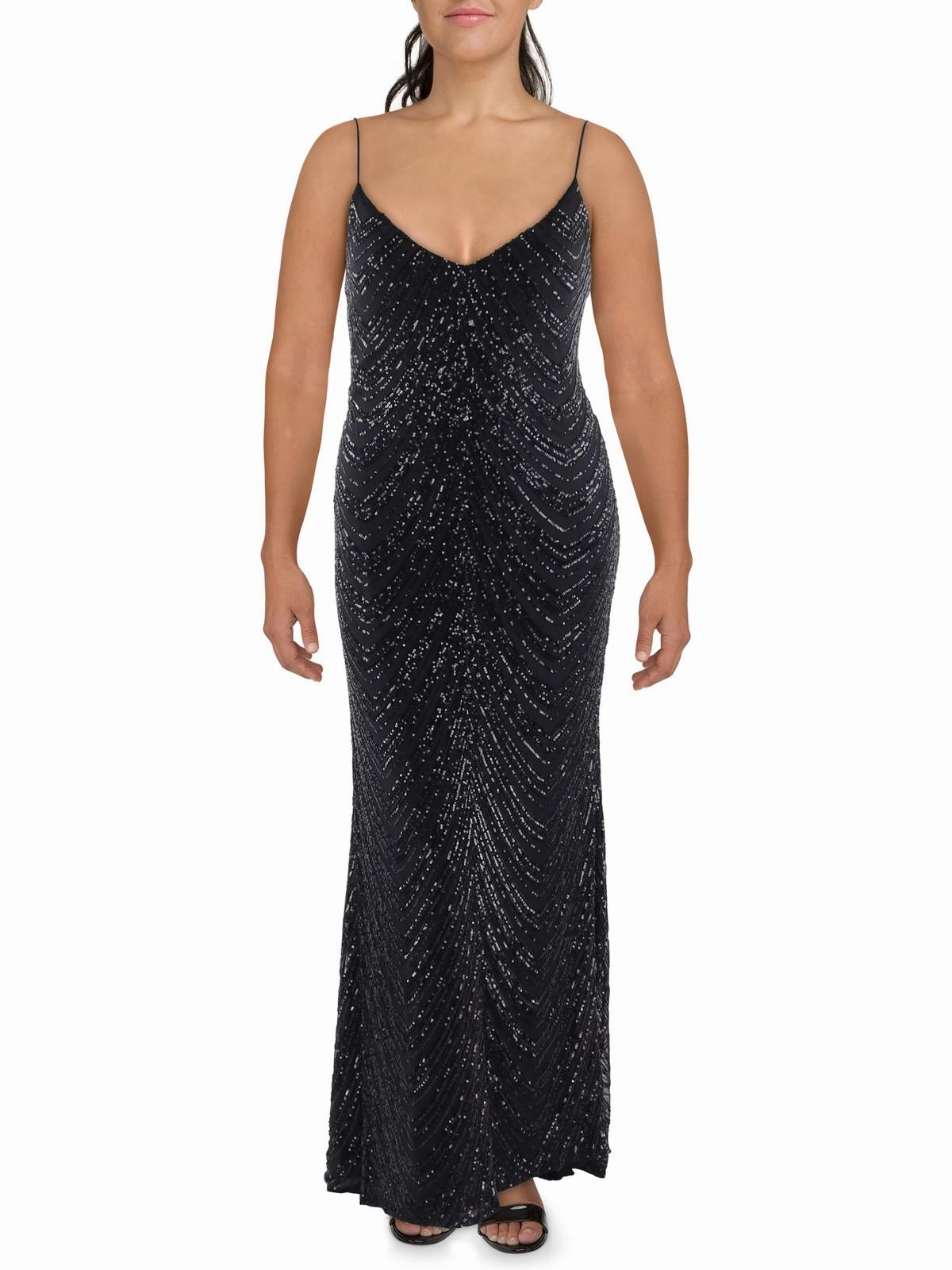 Plus Womens Sequined Bungee-Strap Evening Dress