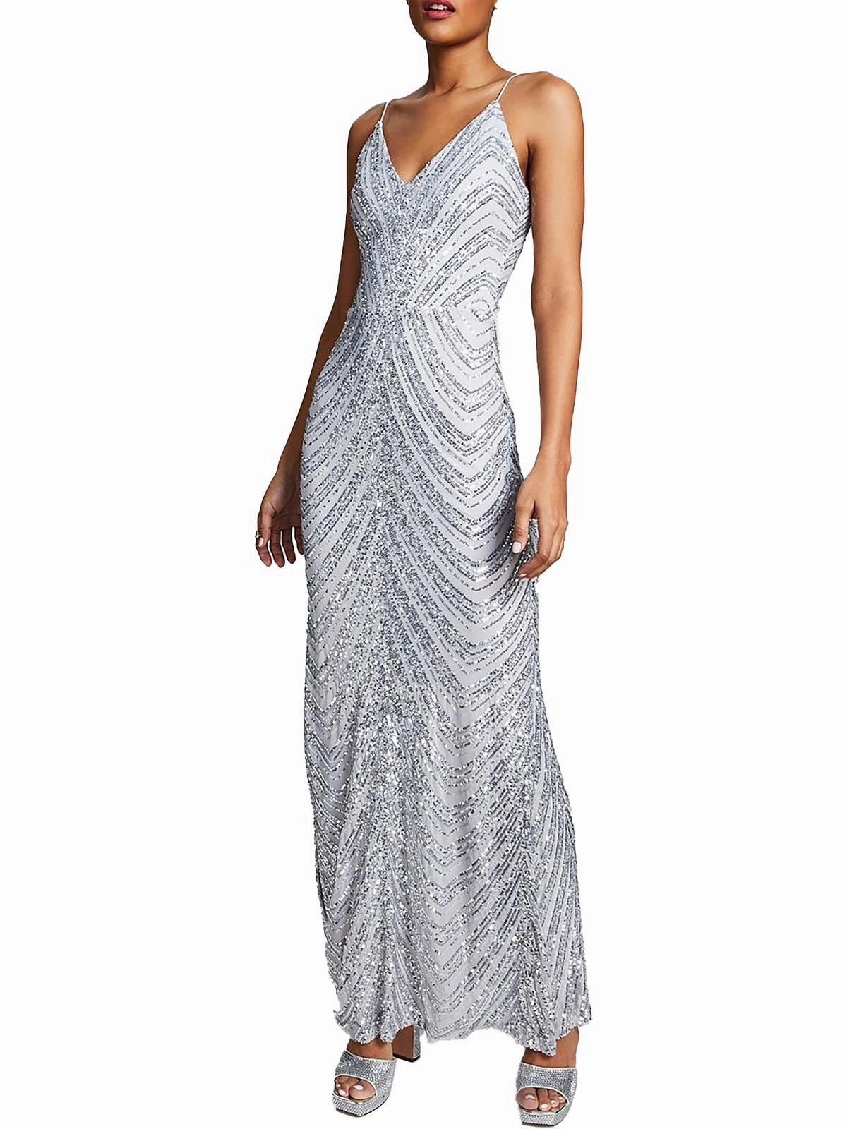 Plus Womens Sequined Bungee-Strap Evening Dress