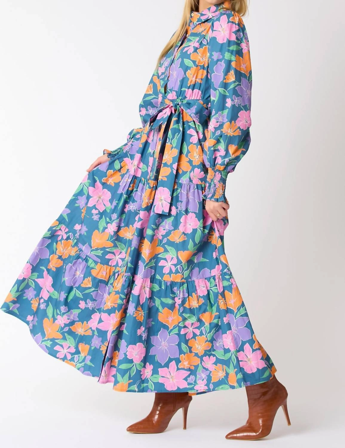 Poplin Floral Dress In Multi-Colored