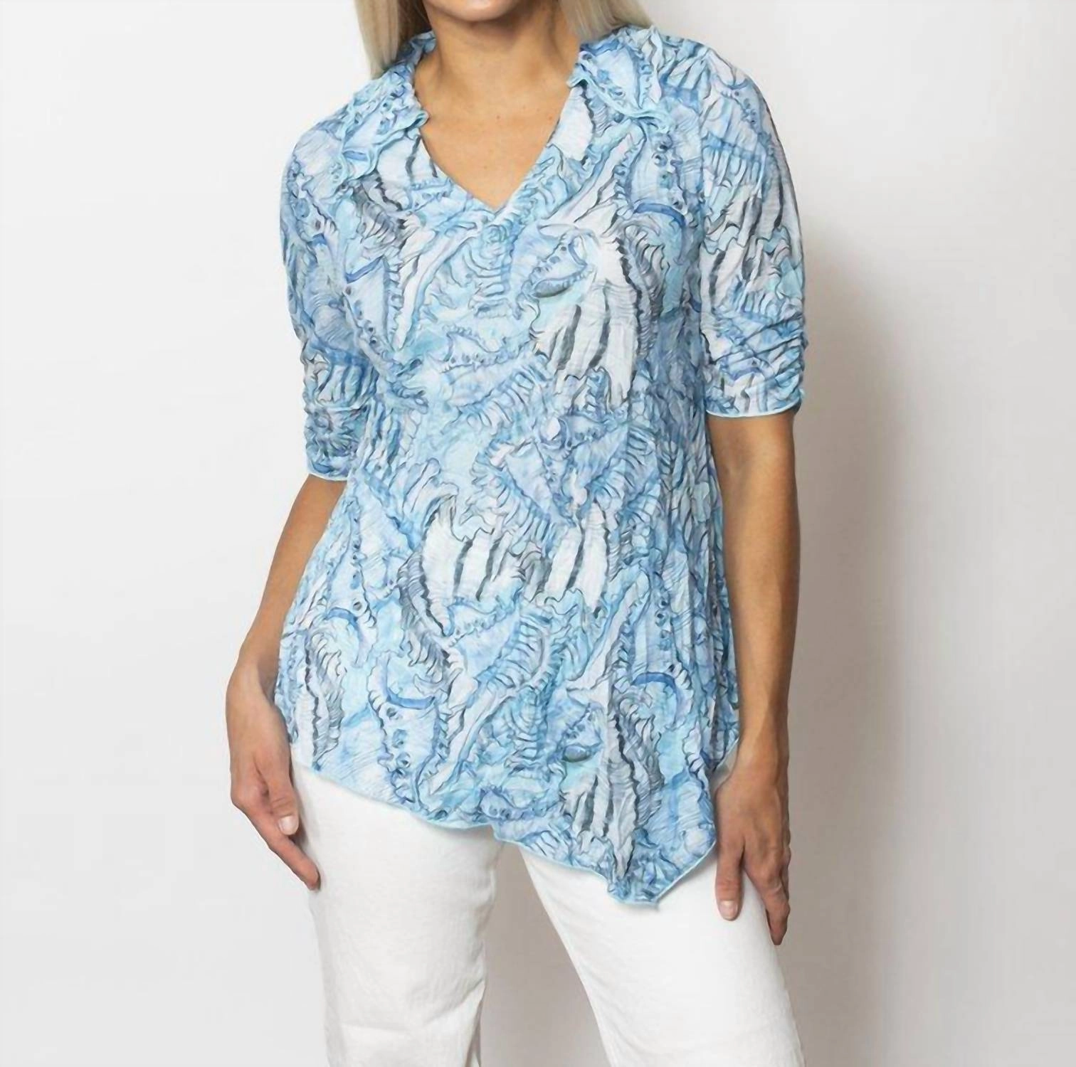 Printed Crinkle Johnny Collar Top In Surf